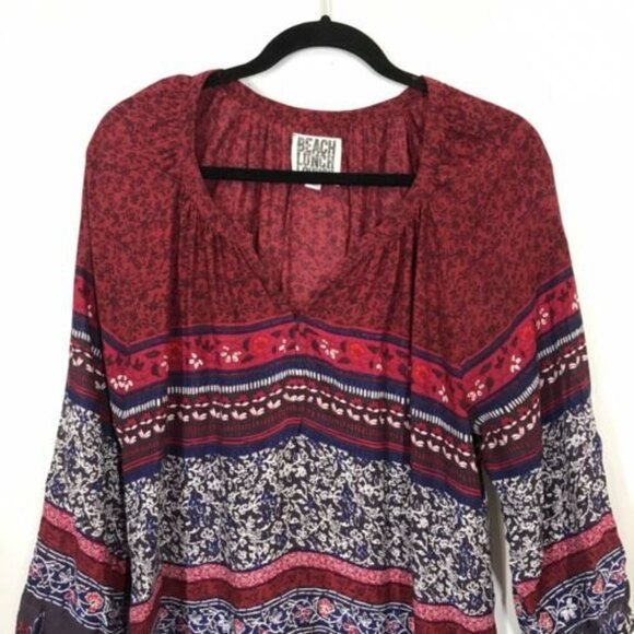 Beach Lunch Lounge Women's Maroon & Navy Floral Boho Peasant Top Size Large - Picture 3 of 6